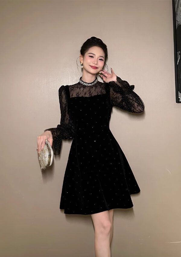European station A-line dress for women autumn and winter lace spliced ​​velvet French socialite birthday party dress skirt