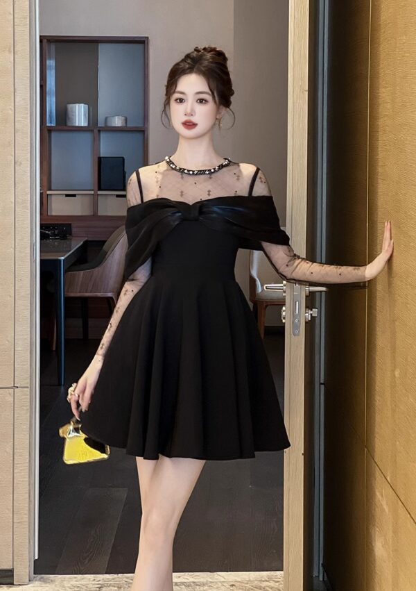 21405 small black dress for women one-shoulder dress to look slim Hepburn style small black skirt temperament A-line skirt