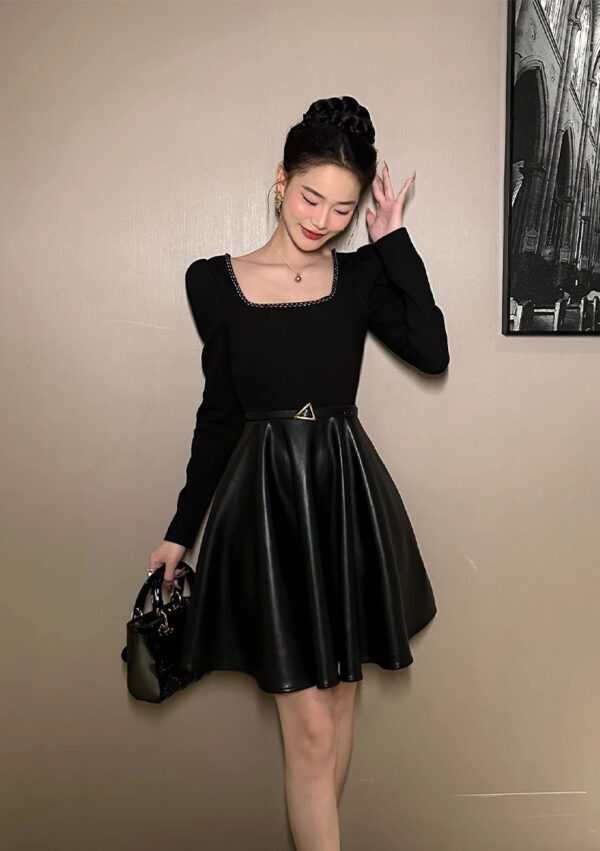 European station PU leather dress early spring original design women's square collar slim temperament Hepburn style small black skirt