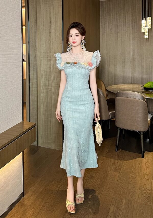 French celebrity style slim fishtail dress summer new temperament wood ear design niche hip skirt for women