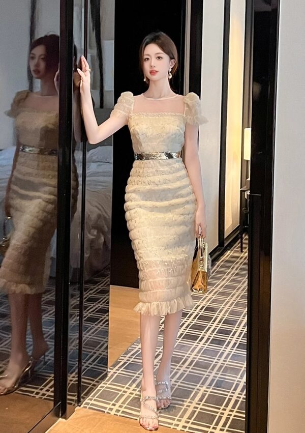 Small-flavor mesh dress for women in summer 2025 new French celebrity niche hip skirt pleated slim skirt