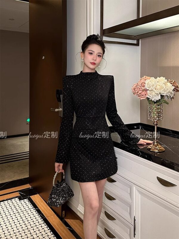 Huahua original Light luxury French slim temperament fashionable celebrity shiny slit slit sleeve dress 21555 - Image 2