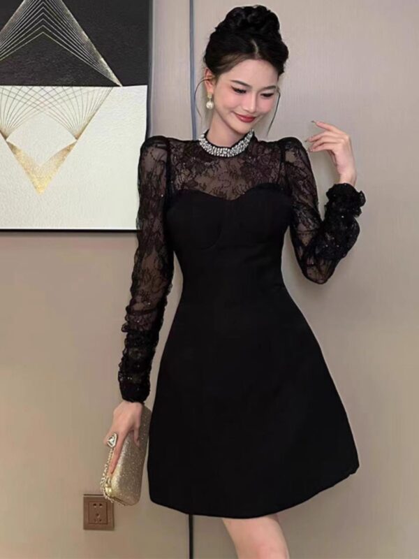 European station small black dress spring and autumn women's temperament high-end lace waist a-line skirt - Image 2