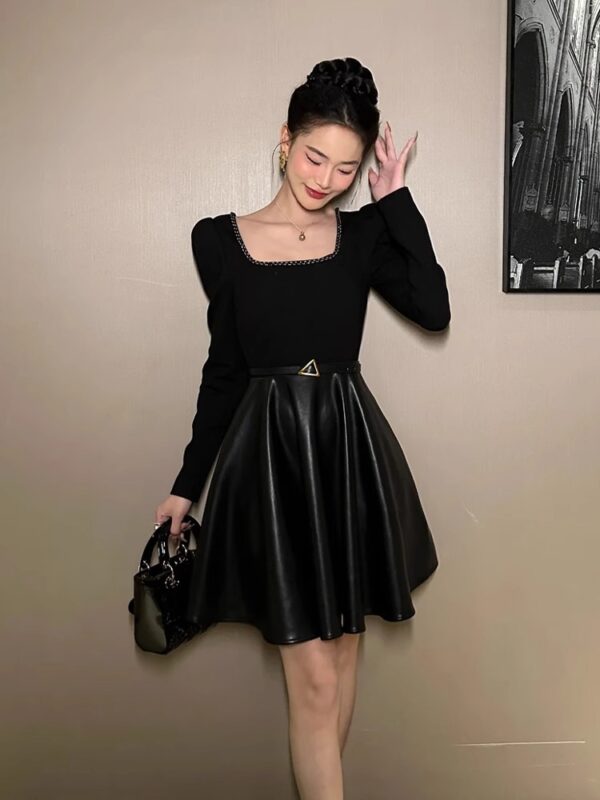 European station PU leather dress early spring original design women's square collar slim temperament Hepburn style small black skirt - Image 2