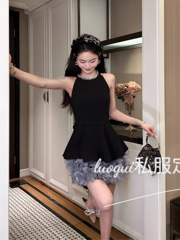 【Original of Huahua】Temperament hot girl sexy little black dress celebrity sleeveless design lace dress 65307