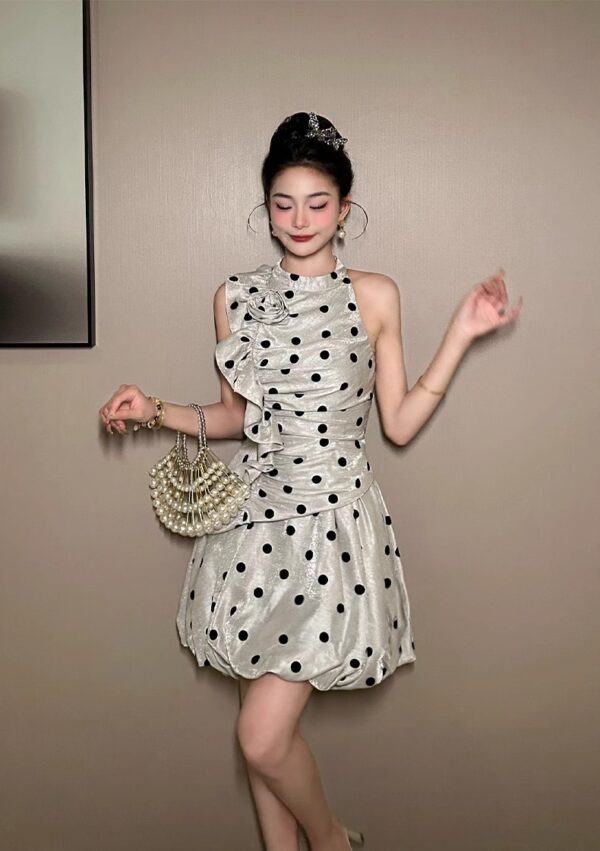 European station sleeveless polka dot dress for women in summer three-dimensional flowers French celebrity temperament waist-hugging princess flower bud skirt