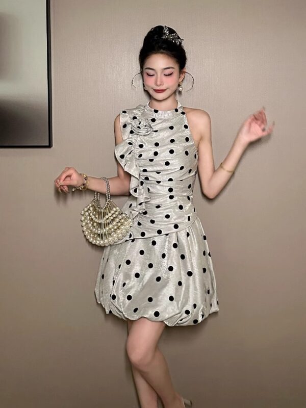 European station sleeveless polka dot dress for women in summer three-dimensional flowers French celebrity temperament waist-hugging princess flower bud skirt - Image 2