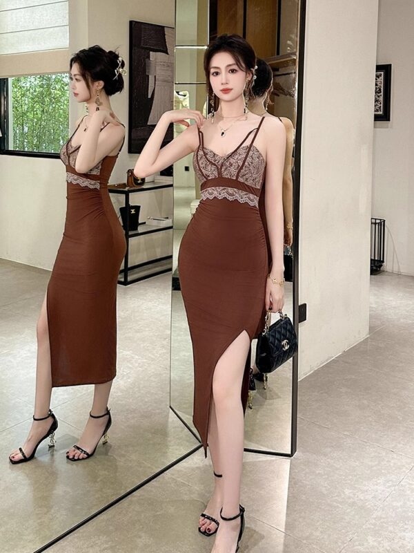 Commuter retro sexy suspender dress with backless pure and sexy socialite style slim hip-packing long skirt