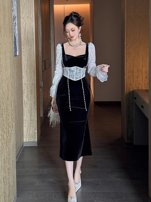 European sexy dress spring long-sleeved women's lace spliced ​​velvet square neck temperament slim hip-pack skirt - Image 2