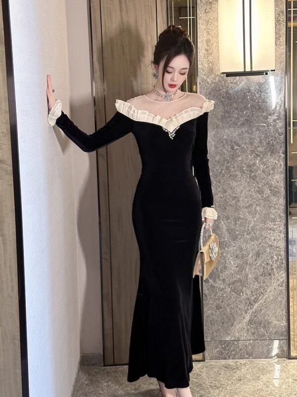 Waist-shoulder velvet long dress with black celebrity Hepburn style high-end slim fishtail skirt