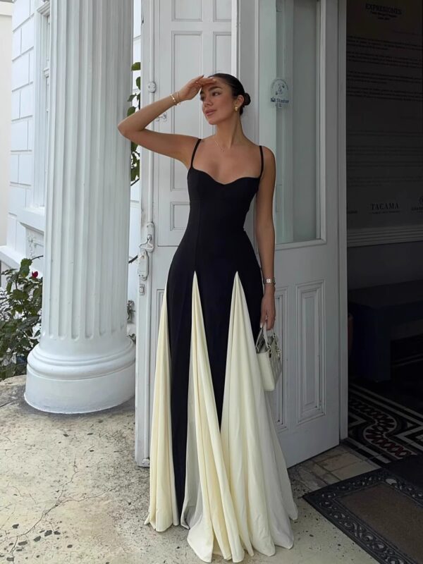 summer roseFrench black and white color-blocking suspender dress slim and slim-fitting royal sister style dress floor-moving long skirt - Image 2
