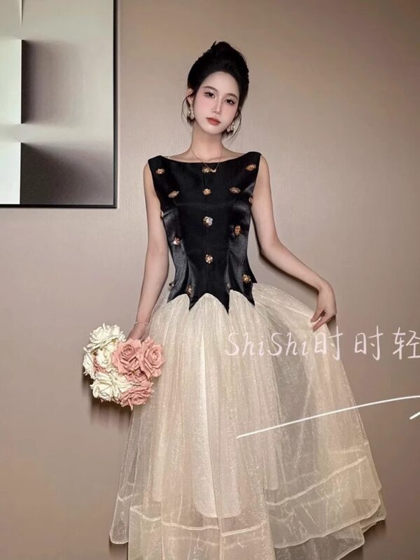 Sweet first love designer sleeveless one-length dress for women mesh splicing high-end elegant princess long skirt