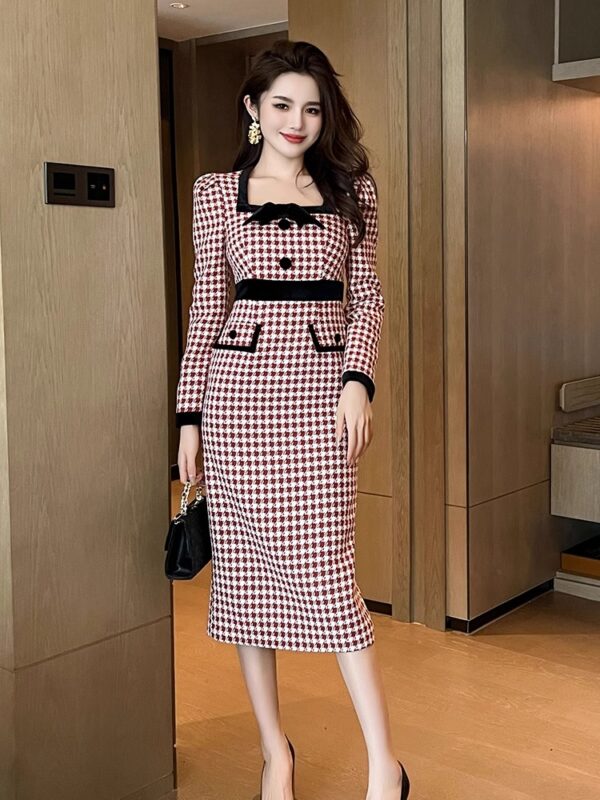 Plaid square collar small wool dress for women with autumn and winter waist slim bow temperament professional hip-pack skirt