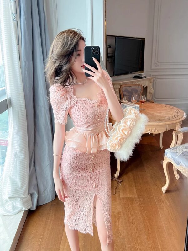 2025 summer new style female celebrity sweet temperament high-end lace waist-hugging ruffle-wrapped pink dress