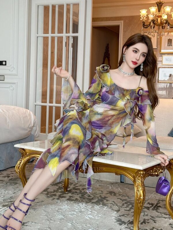One-shoulder suspender chiffon dress 2025 new summer long-sleeved ruffle-edged retro ink-dyed slim long skirt
