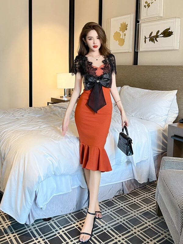French light luxury dress for women in summer new V-neck splicing bow design sense hip-wrapped slim fish tail skirt - Image 2