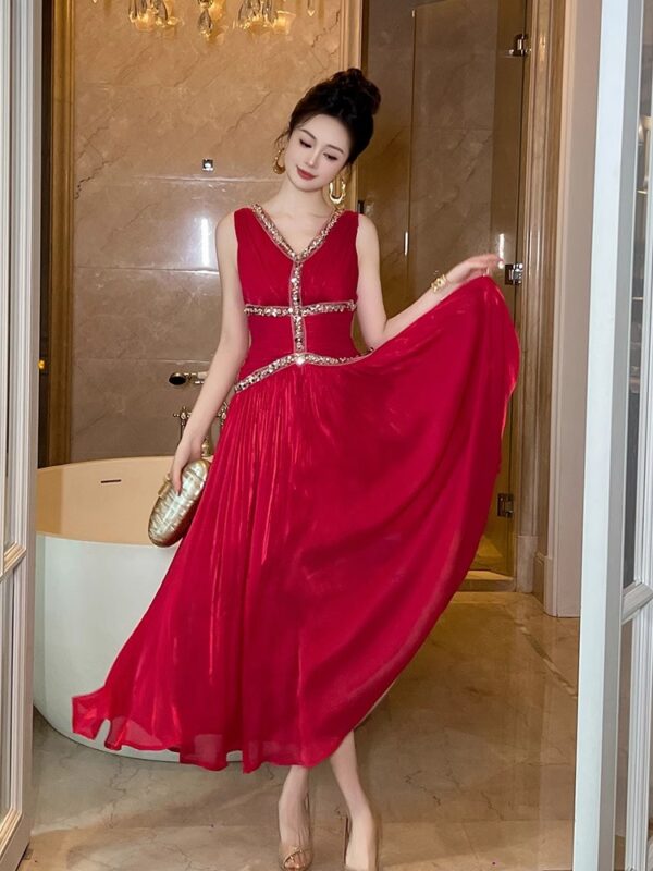 Red sleeveless dress for women, summer front and back double V-neck design, sexy lady style waist-hugging temperament slim dress long skirt - Image 2