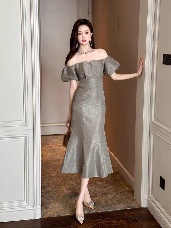 This year's popular French high-end one-shoulder puff sleeve waist-hugging slim fish tail dress dress for women - Image 2