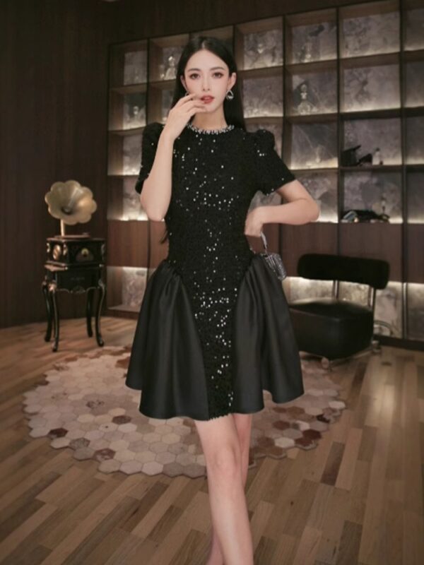 European black dress for women in summer new sequin banquet dress light luxury high-end waisted A-line short skirt - Image 2