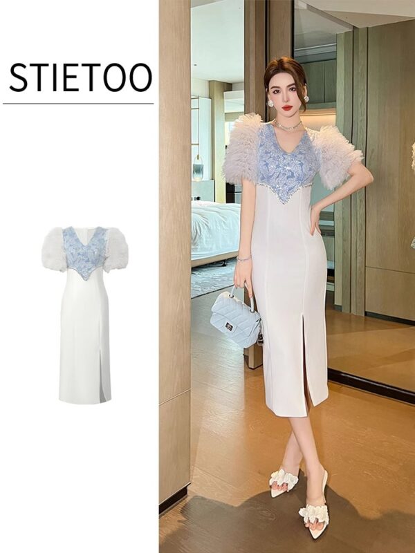 Fashionable dress 2025 summer socialite temperament V-neck sequin diamond waist-closing and hip-packing dress