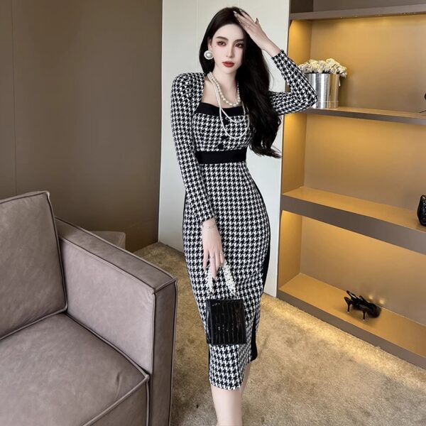 Elegant autumn and winter temperament square neckline style slim hip-pack skirt high-end style celebrity Xiaoxiang style houndstooth dress - Image 2