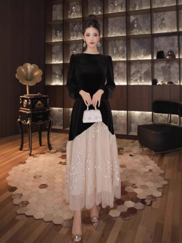 European black dress for women in autumn and winter coat with mesh sequins splicing to make them look slim and elegant dress long skirt - Image 2