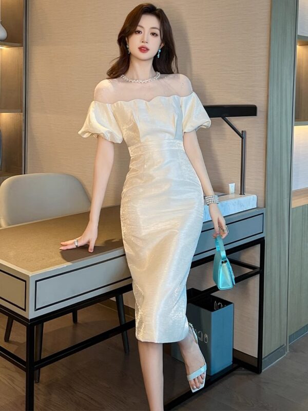 European station lace splicing dress for women in summer French puff sleeves elegant and decent mid-length skirt