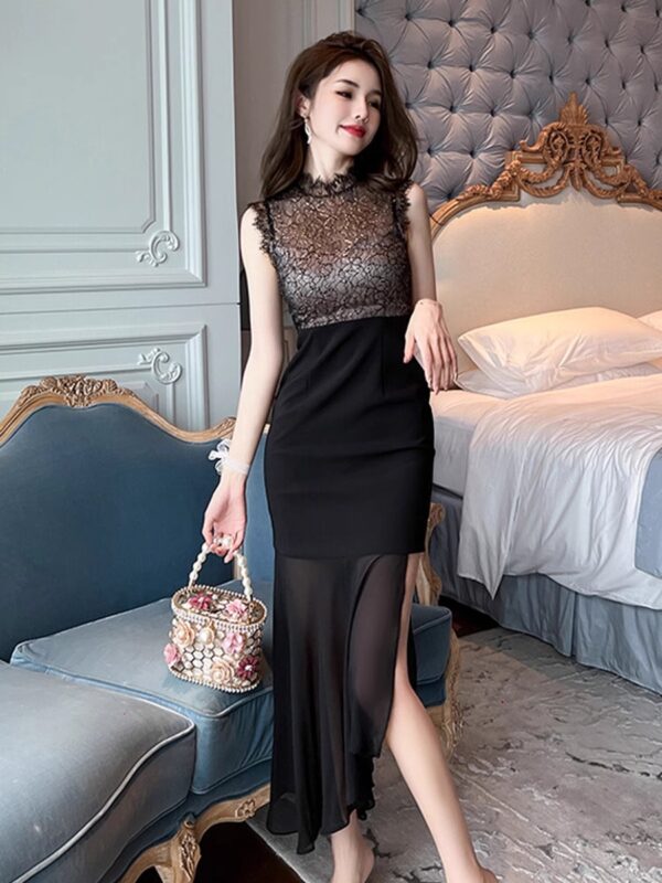 A celebrity temperament lace spliced ​​sleeveless vest skirt slim and slim Hepburn style dress irregular chiffon long skirt - Image 2