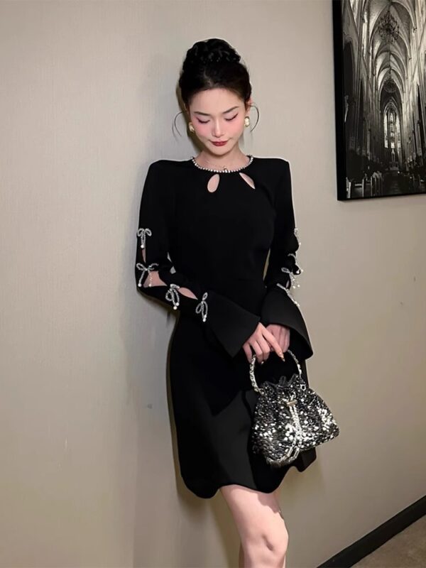 European black dress with spring hollow design niche waist slim Hepburn style high-end women's clothing - Image 2