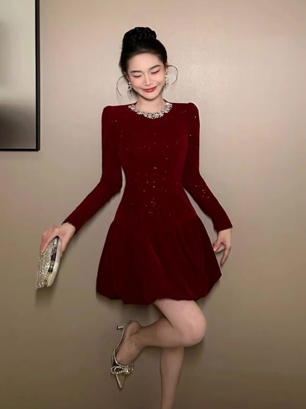 European station red dress spring year women's clothing waist-hugging and slim flower bud skirt heavy industry party small dress - Image 2