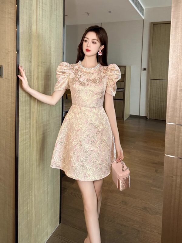 Qianjin dress for women in summer light luxury high-end round neck heavy industry nail bead puff sleeve small temperament A-line skirt