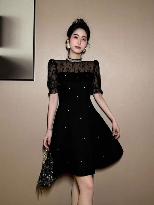 Heavy Industry Diamond Hepburn Style Lace Spliced ​​A-line Dress with waist slim and high-end temperament celebrity little black skirt - Image 2
