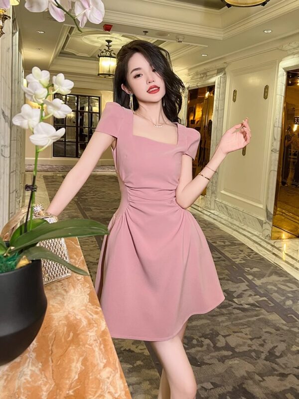 French pink square collar dress for women 2025 new summer small person looking slim and beautiful fairy skirt A-line short skirt