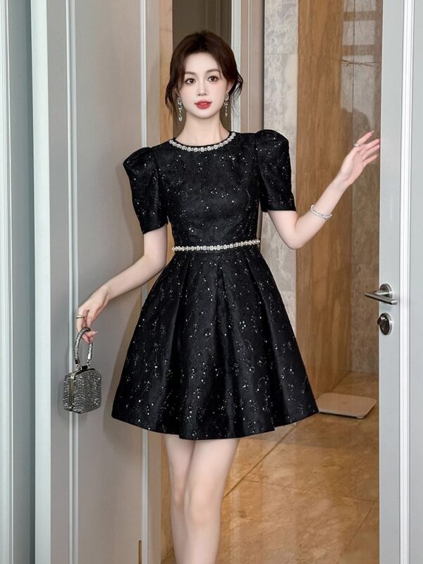 French heavy industry high-end exquisite banquet dress feminine luxury socialite style high short-sleeved A-line skirt summer