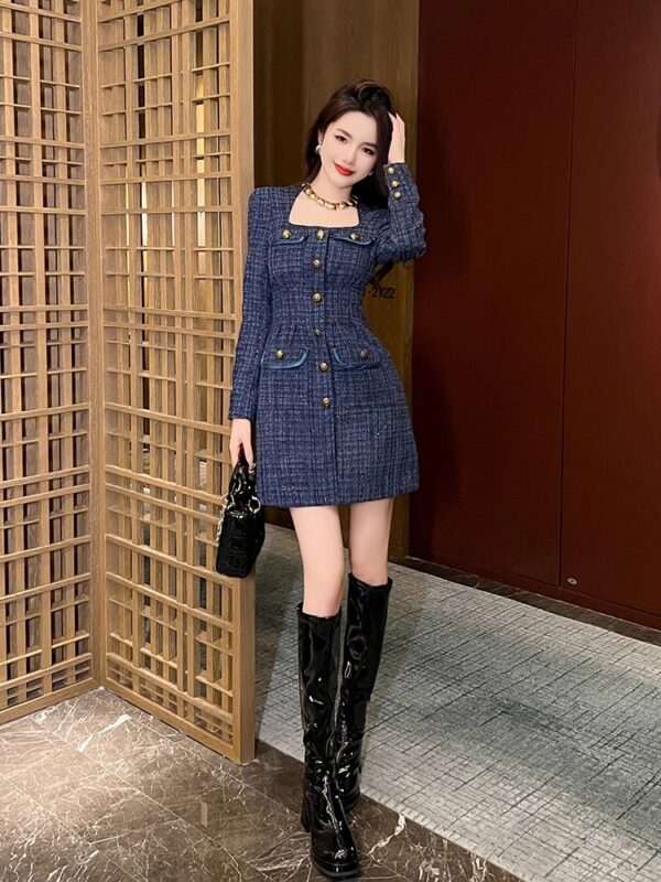 Xiaoxiangfeng long-sleeved dress 2025 new autumn and winter light luxury women's clothing slim French thick tweed hip skirt - Image 2