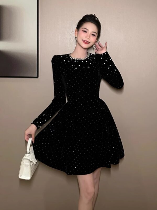 European station beaded dress spring women's clothing, diamonds, rich family's daughter waist-hugging A-line skirt, heavy industry party small dress - Image 2