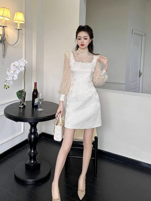 High-end light luxury dress 2025 new style for women's spring and autumn socialite temperament lantern long sleeve waist-hugging A-line princess short skirt - Image 2