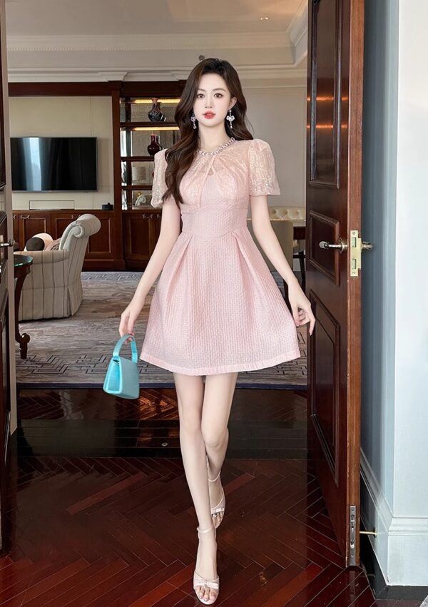European station small dress for women in summer pink high-end birthday party dress waist-hugging and slimming a-line skirt