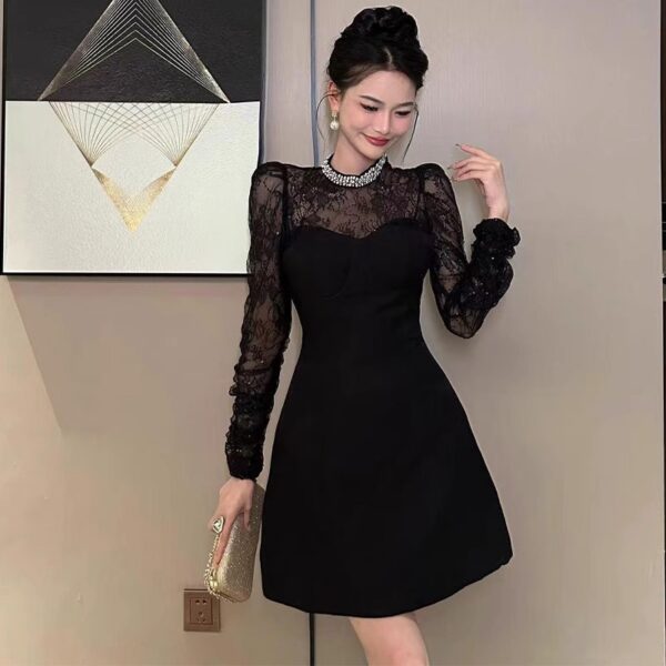 European station small black dress spring and autumn women's temperament high-end lace waist a-line skirt
