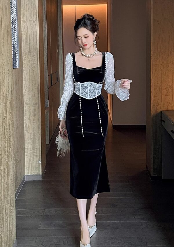 European sexy dress spring long-sleeved women's lace spliced ​​velvet square neck temperament slim hip-pack skirt