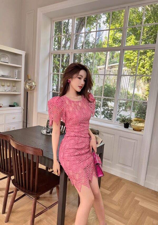 High-end Heavy Industry Puff Sleeve Water-soluble Lace Dress for Women 2025 Summer New Pure Short Hip Skirt