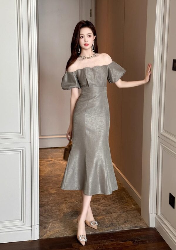 This year's popular French high-end one-shoulder puff sleeve waist-hugging slim fish tail dress dress for women