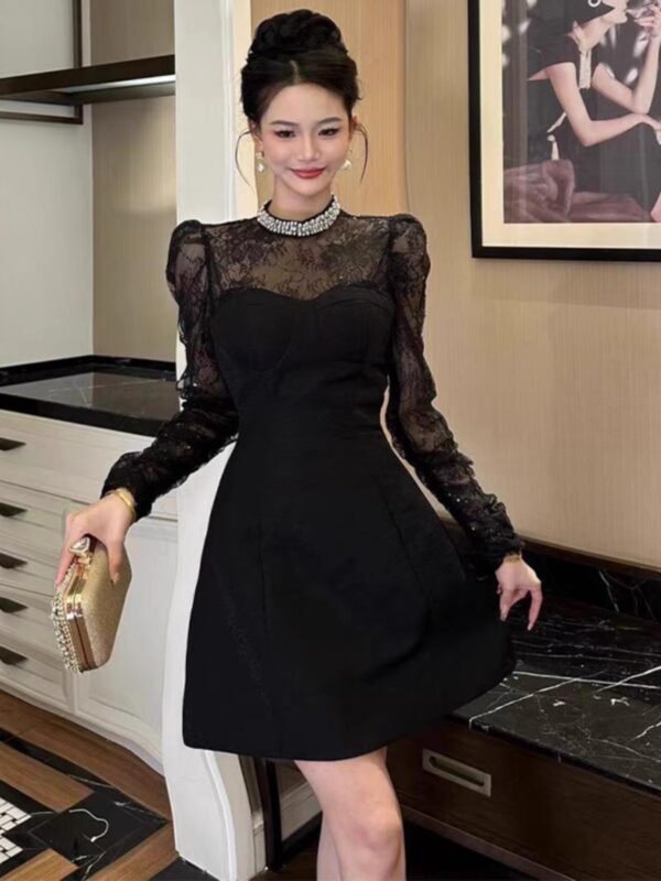 European station small black dress spring and autumn women's temperament high-end lace waist a-line skirt - Image 3