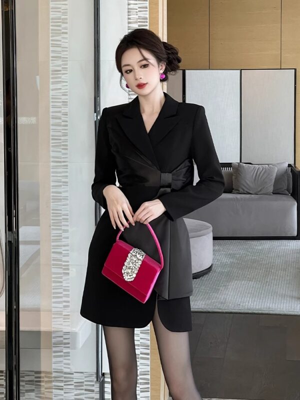 European suit dress for women in autumn and winter design with large bows on the waist and slim Hepburn style small black skirt - Image 3