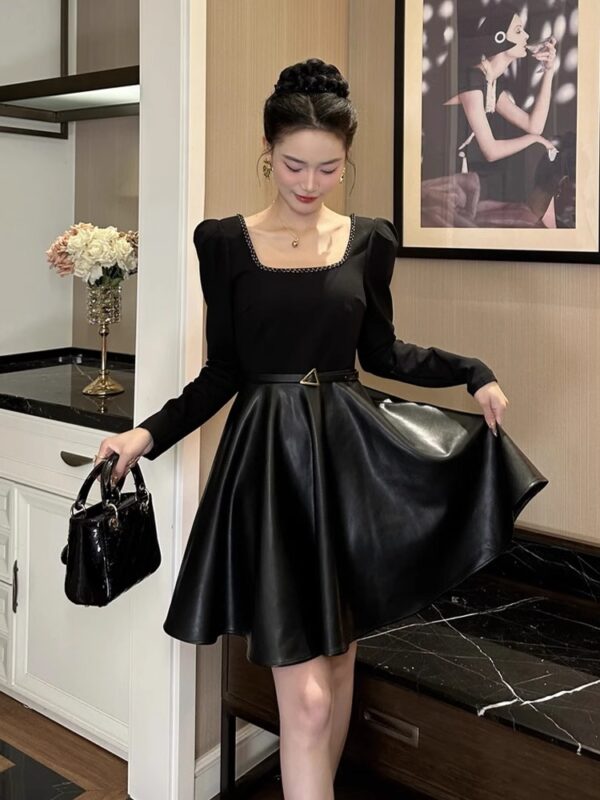 European station PU leather dress early spring original design women's square collar slim temperament Hepburn style small black skirt - Image 3