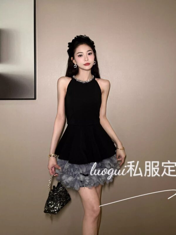 【Original of Huahua】Temperament hot girl sexy little black dress celebrity sleeveless design lace dress 65307 - Image 3