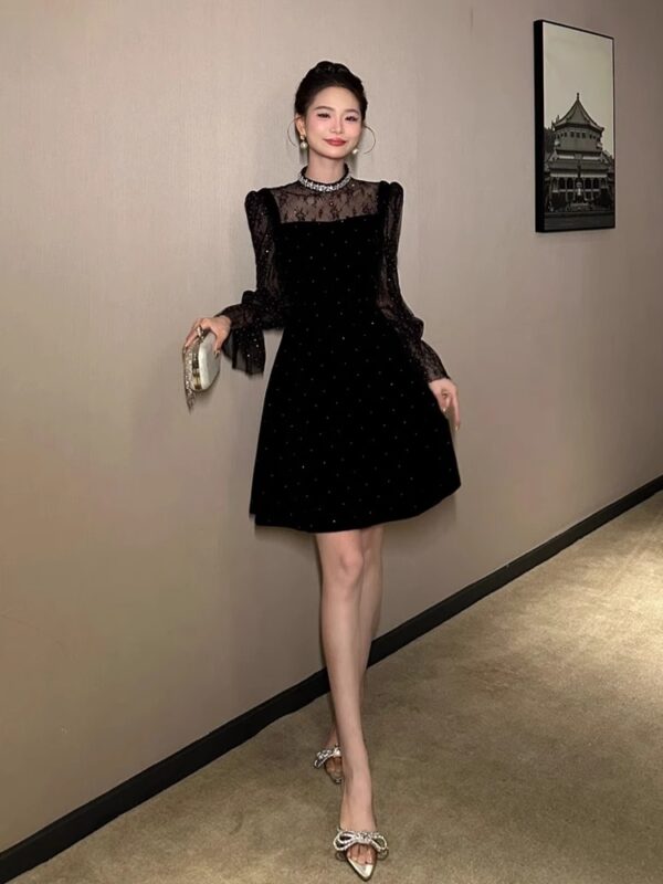 European station A-line dress for women autumn and winter lace spliced ​​velvet French socialite birthday party dress skirt - Image 3