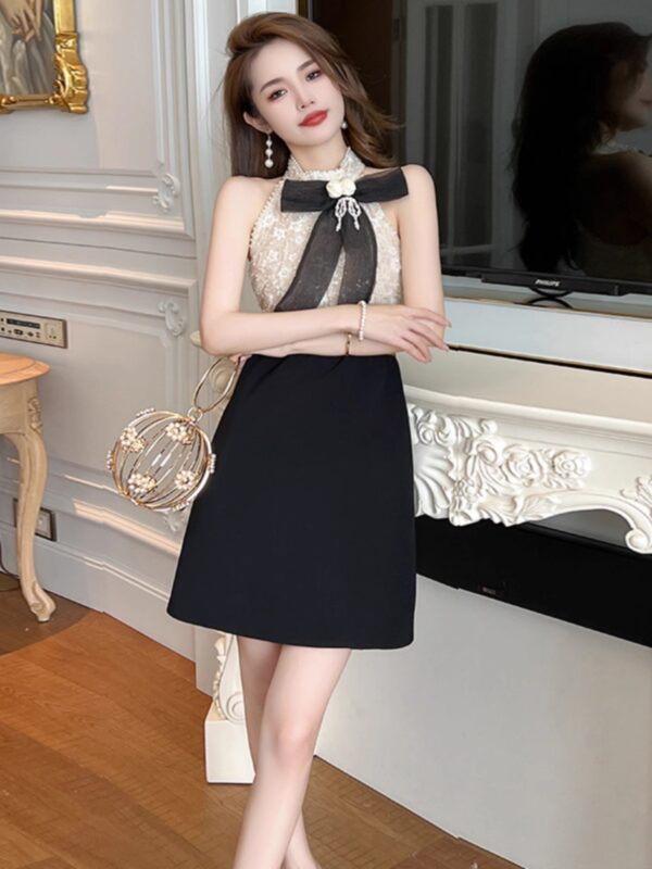 European Sleeveless Neck Dress Women's Summer French Style Bow Tight Waist Slim A-line Skirt - Image 3