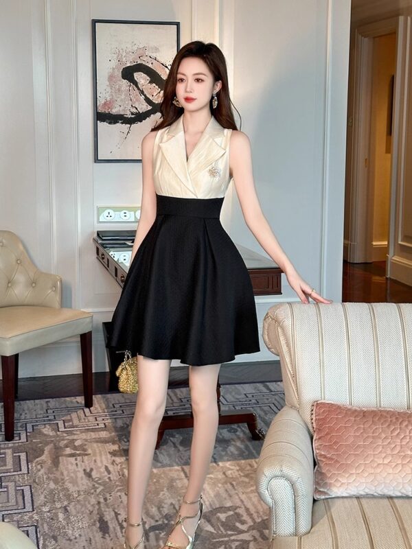 30932 fashionable contrasting dress women's commuting casual suit collar fitting waist sleeveless a-line skirt - Image 3