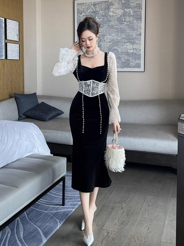 European sexy dress spring long-sleeved women's lace spliced ​​velvet square neck temperament slim hip-pack skirt - Image 3